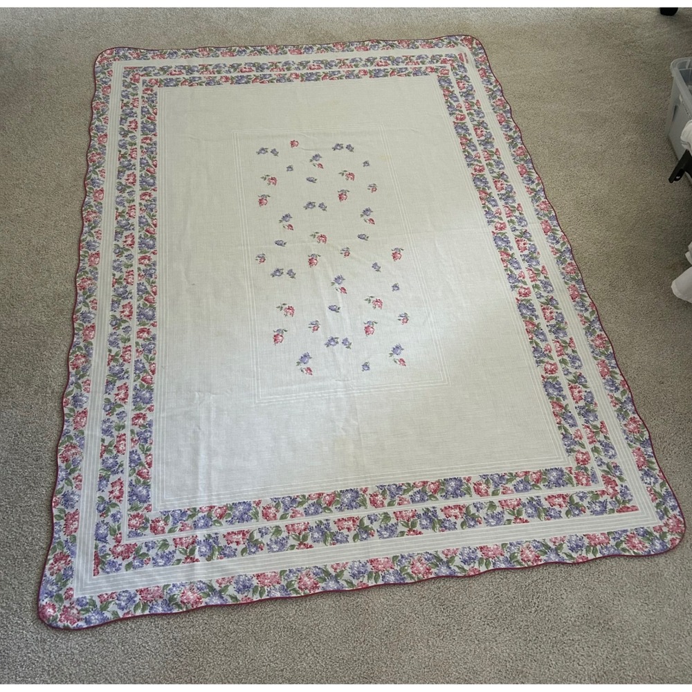 Albert Nipon Vintage Floral Tablecloth Scalloped Edge Pink Purple White Striped